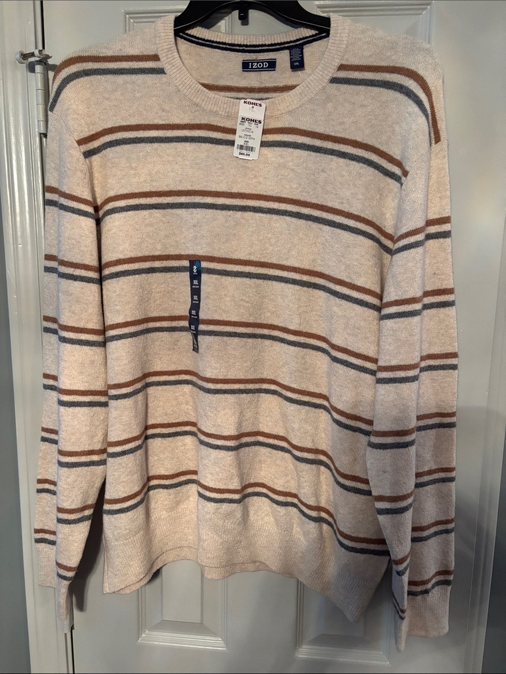 Izod Oatmeal Crewneck Sweater with Brown and Gray Stripes NWT